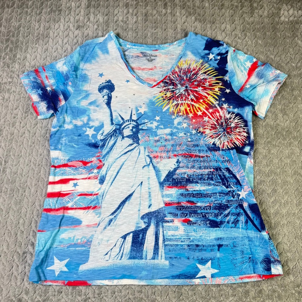 Jason Maxwell Statue of Liberty Fireworks Patriotic Graphic T-Shirt Blue Red M